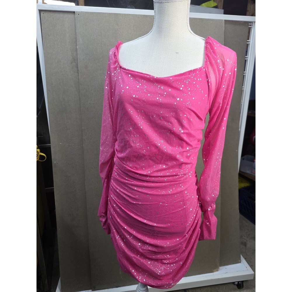 Mxrag Pink Glitter Ruched Mini Dress Long Sleeve Square Neck Women's L